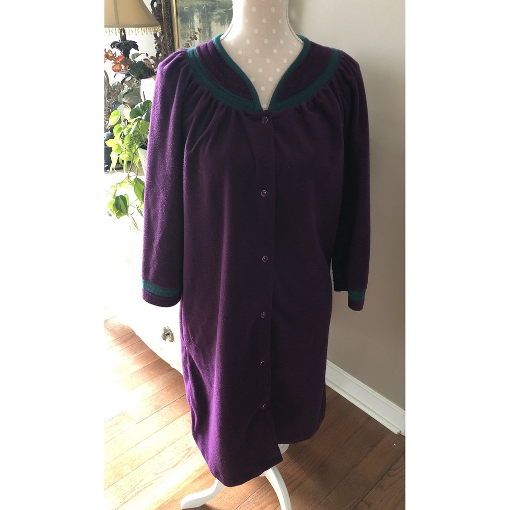 Women's Quiet Moments Housecoat Robe Snap Front Dk Purple Green 3/4 Sleeve Small